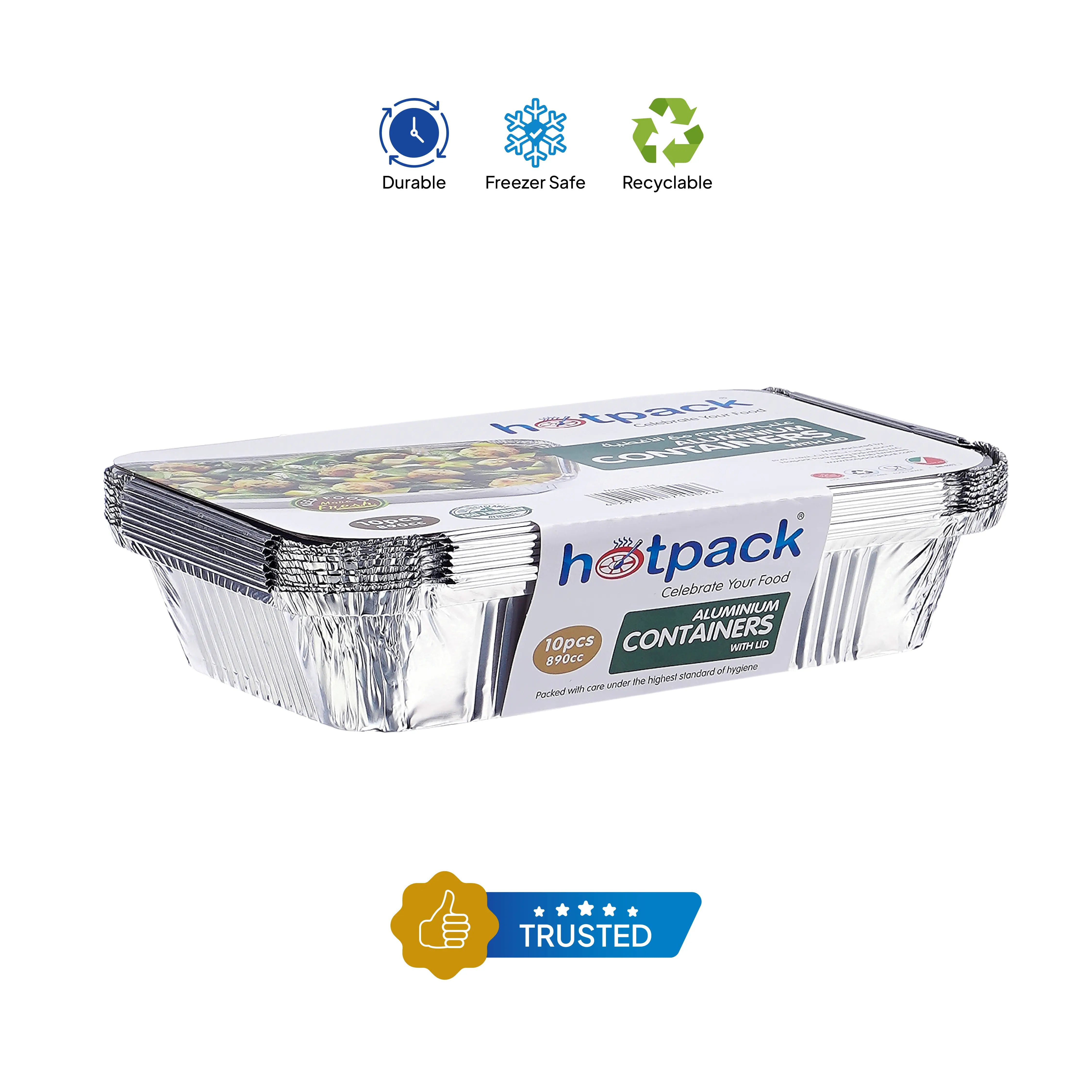 Aluminium Containers with Lid  8389 ( 890 CC ) 10 Pieces - hotpackwebstore.com