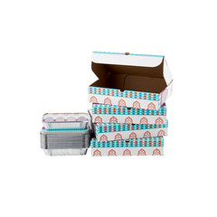 Set of patterned boxes with lids on a white background