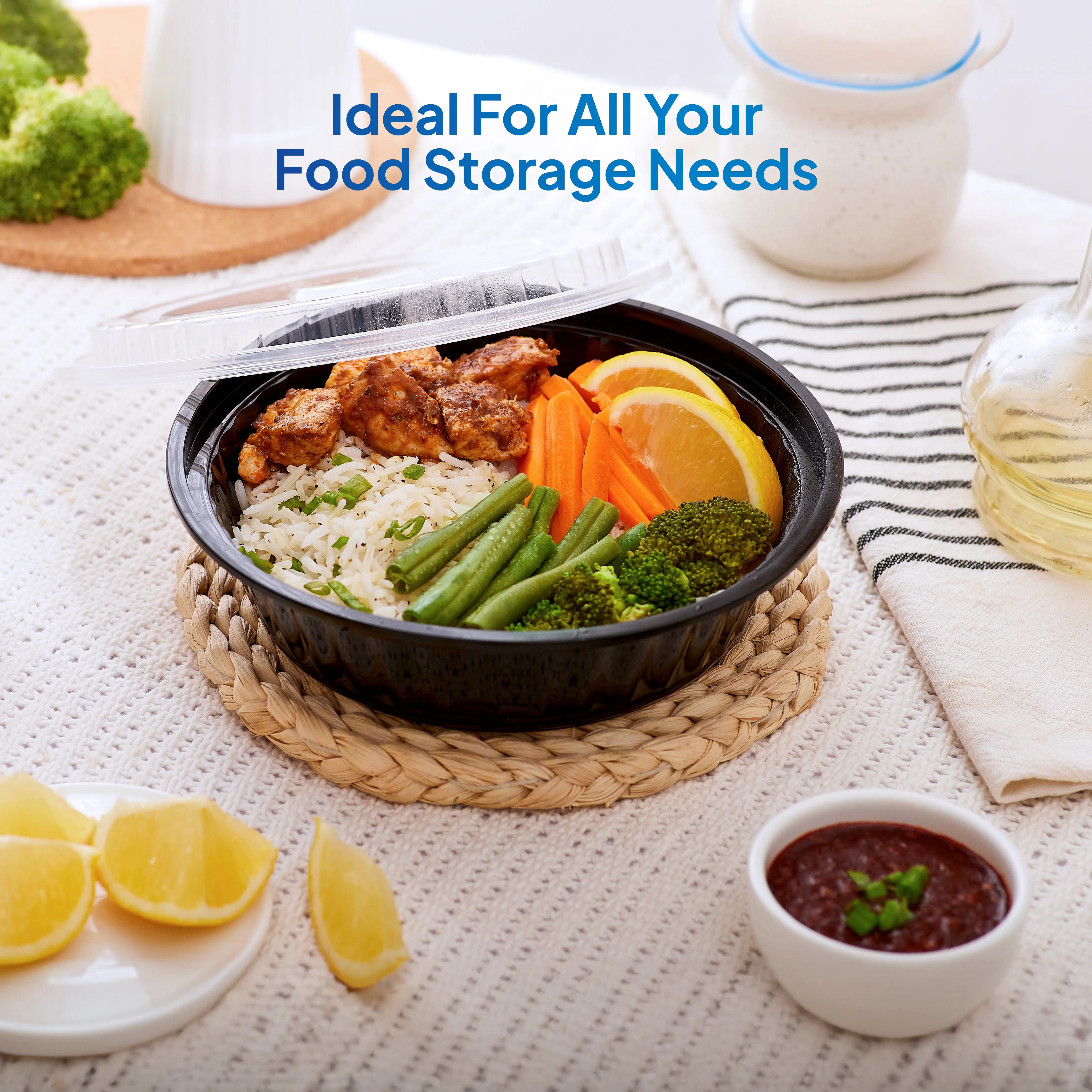 Black Base Round Ribbed Container with Lids 5 Pieces - hotpackwebstore.com