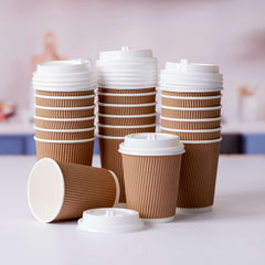 12 Oz Kraft Ripple Paper Cup With Lid 10 Pieces - hotpackwebstore.com