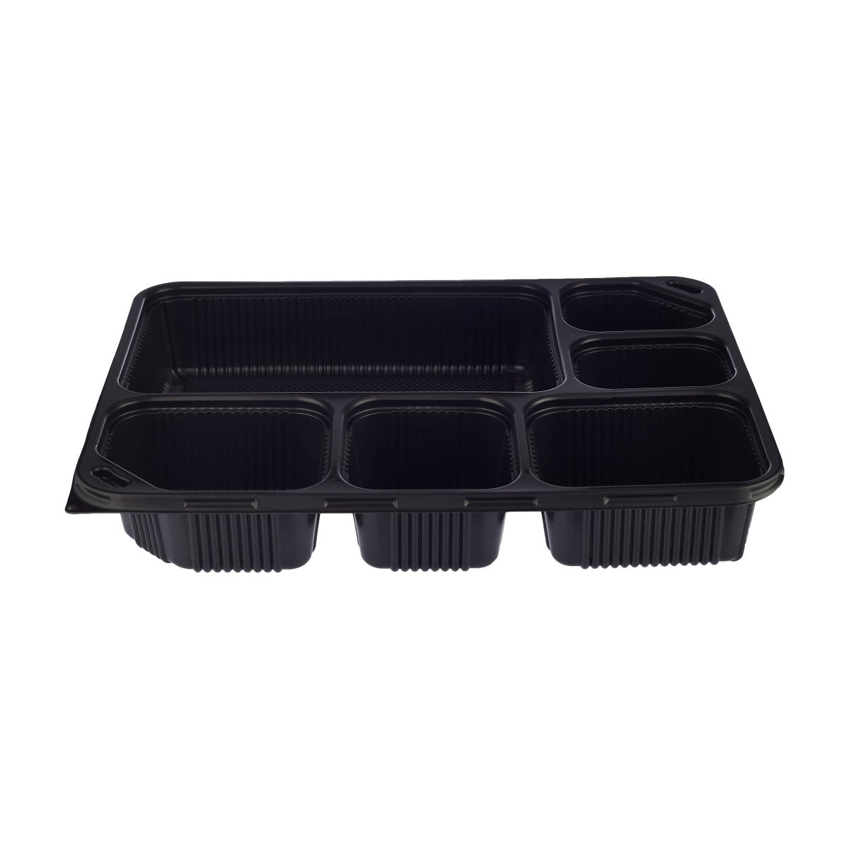 Black Base Rectangular 6 - Compartment Container + Lids 150 Pieces - hotpackwebstore.com - Black Base Containers