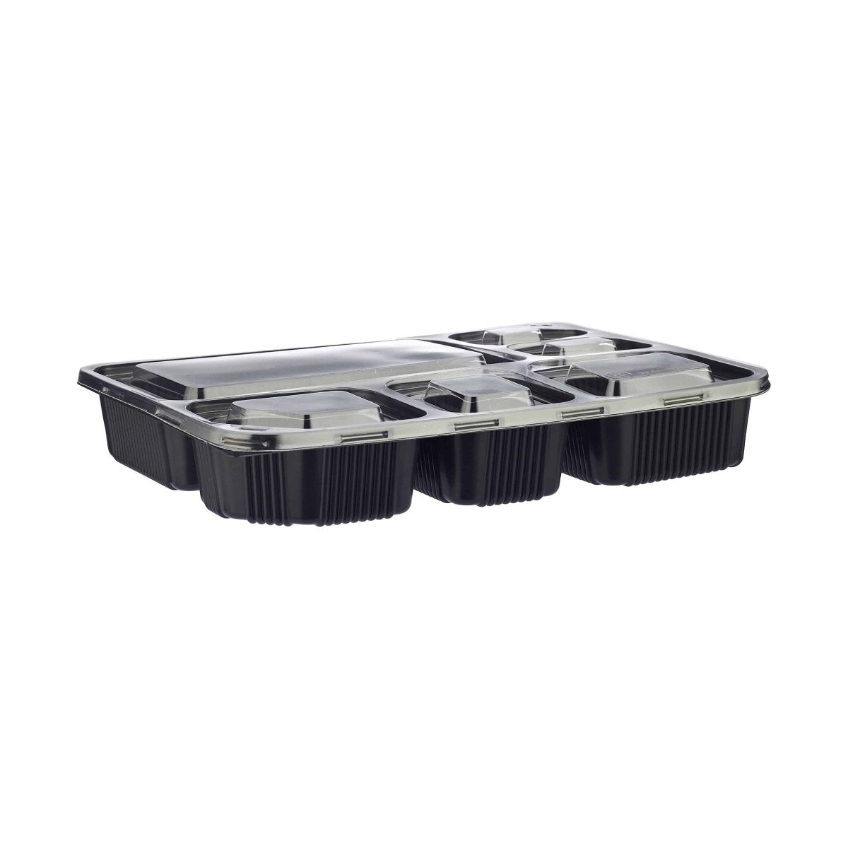 Black Base Rectangular 6 - Compartment Container + Lids 150 Pieces - hotpackwebstore.com - Black Base Containers