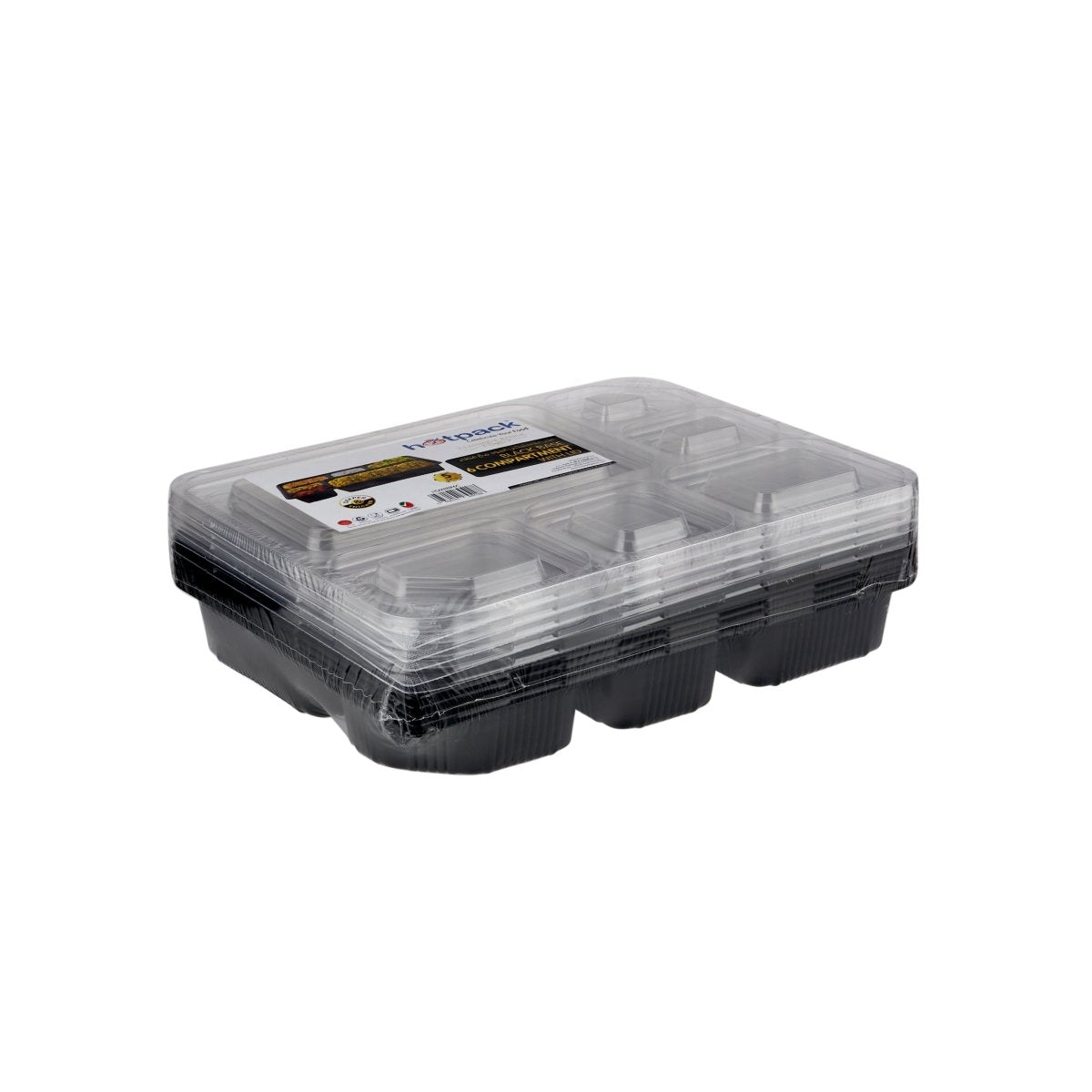 Black Base Rectangular 6 - Compartment Container With Lid 5 Pieces - hotpackwebstore.com - Black Base Containers