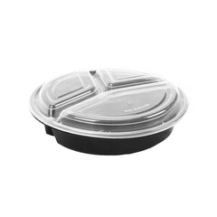 Black Base Round 3 - Compartment Container 48 oz with Lids 150 Pieces - hotpackwebstore.com - Black Base Containers