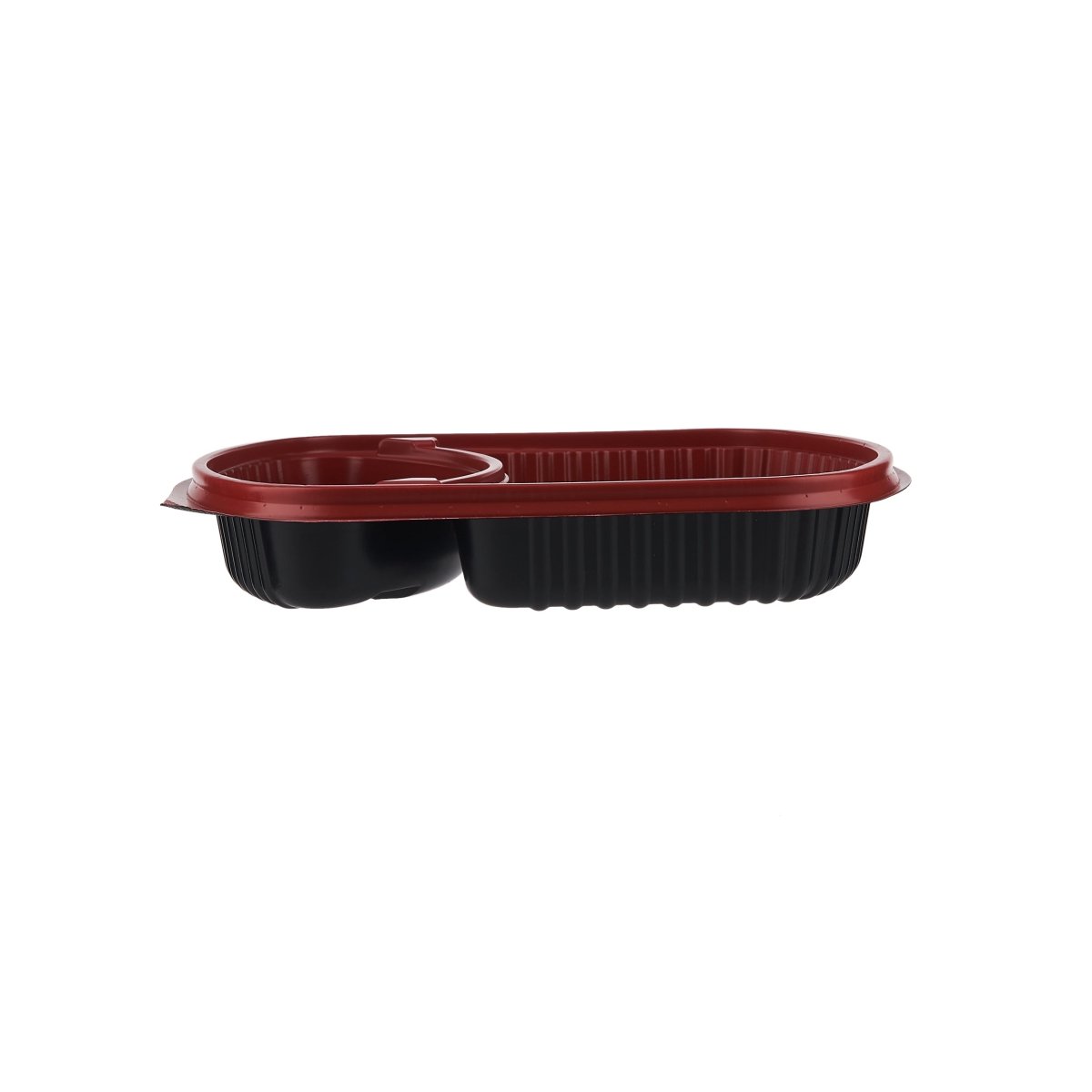 Red & Black Base Rectangular 2 - Compartment Container With Lid 250 Pieces - hotpackwebstore.com - Red And Black Base Containers