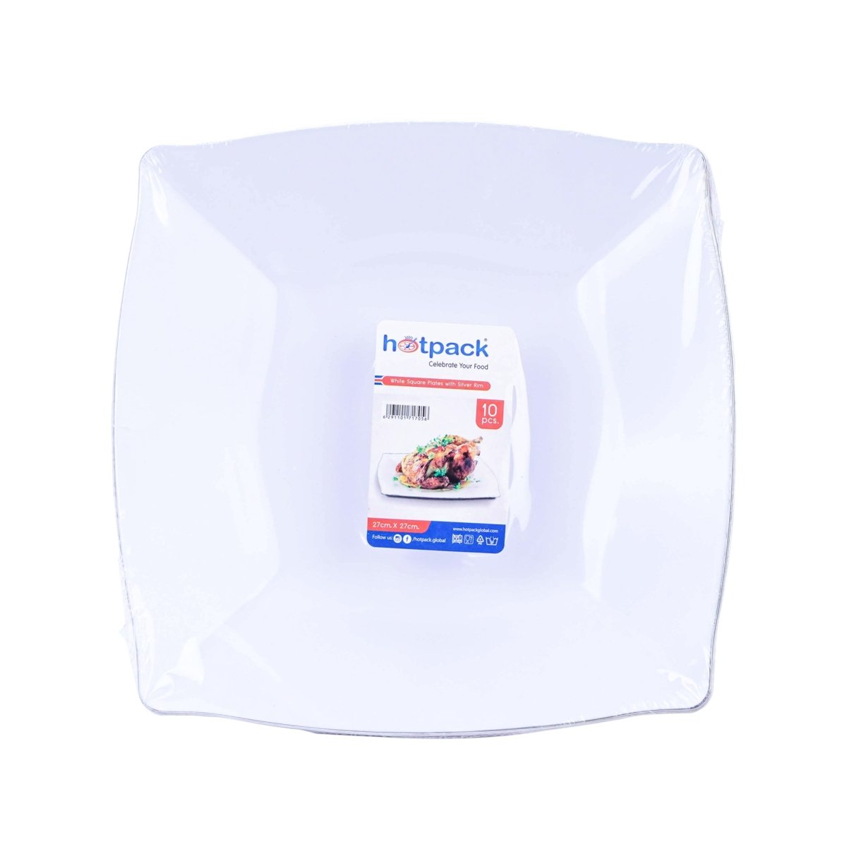 White Square Plate With Silver Rims 10 inch - hotpackwebstore.com - Plastic Products