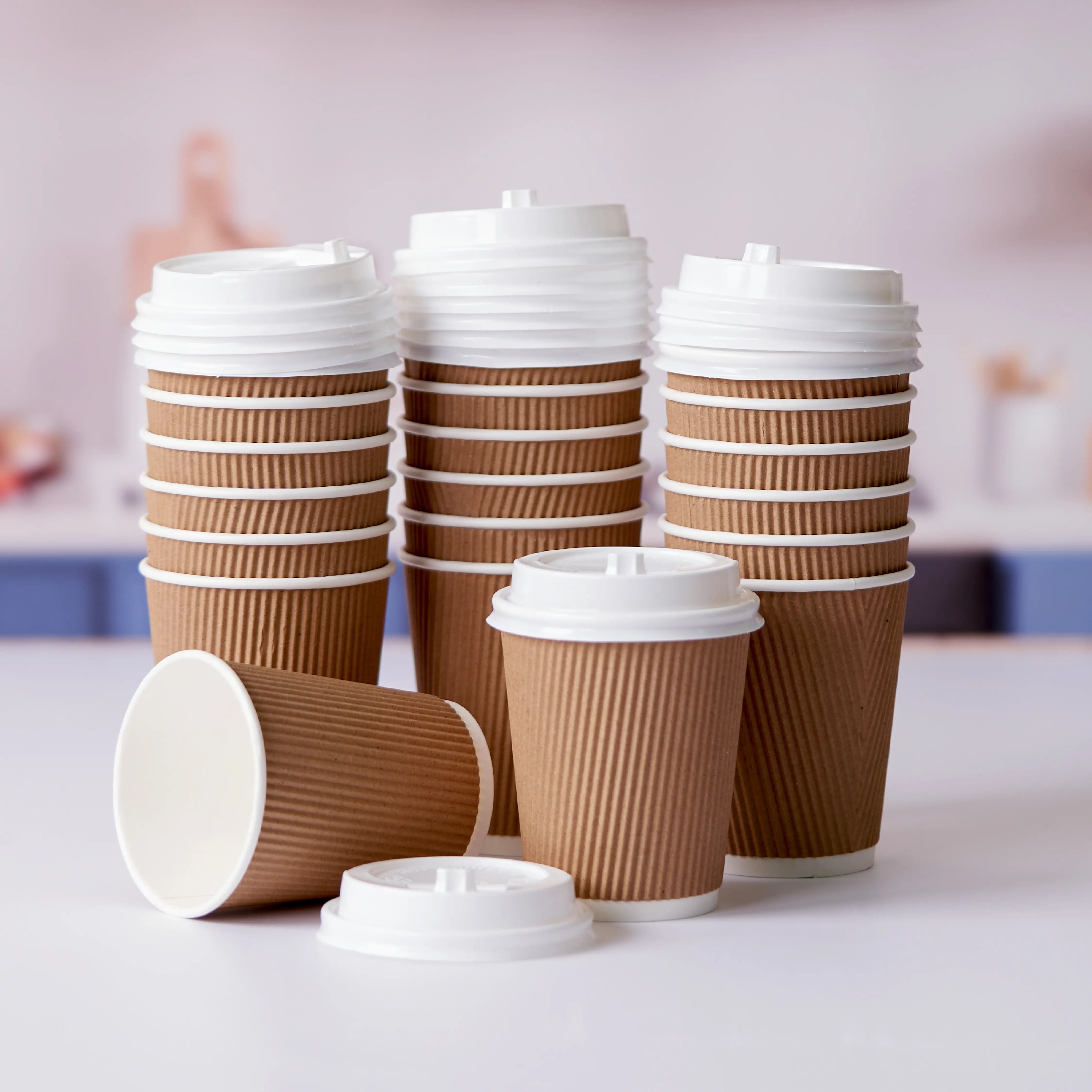 8 Oz Kraft Ripple Paper Cup With Lid 10 Pieces