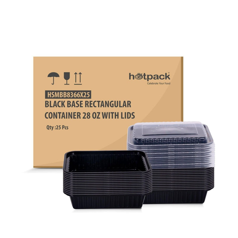 Black Base Container 28 oz with Lids 25 Pieces - hotpackwebstore.com - Plastic Products