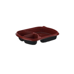 Red & Black Base Rectangular 3 - Compartment Container With Lid 250 Pieces - hotpackwebstore.com - Red And Black Base Containers
