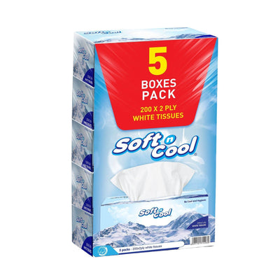 Soft n Cool Facial Tissue 200 Sheets X 2 Ply 5 Boxes Pack - hotpackwebstore.com - Facial Tissue