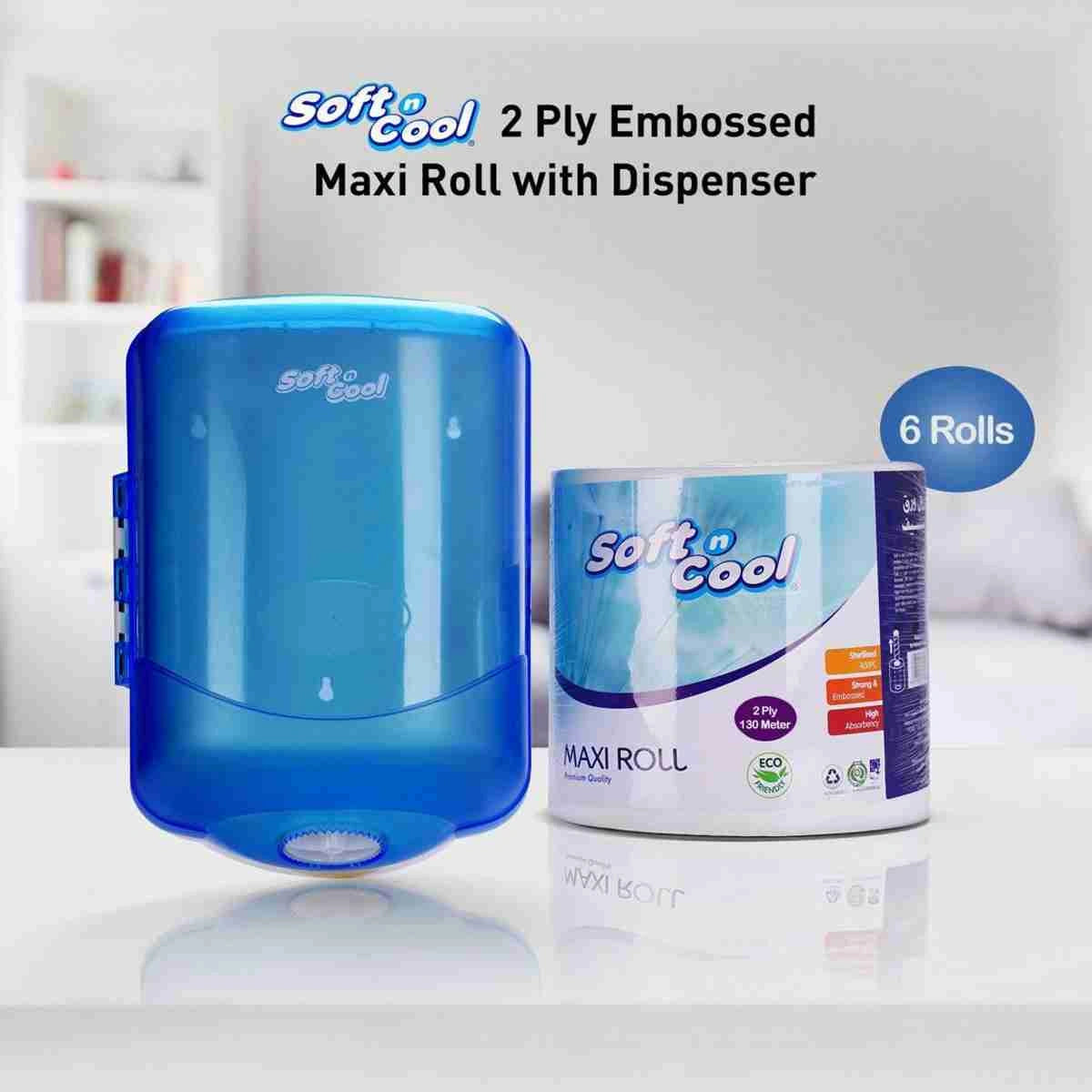 Soft n Cool Maxi Roll Dispenser 1 pc + 6 Rolls of 2 Ply Maxi Roll - hotpackwebstore.com