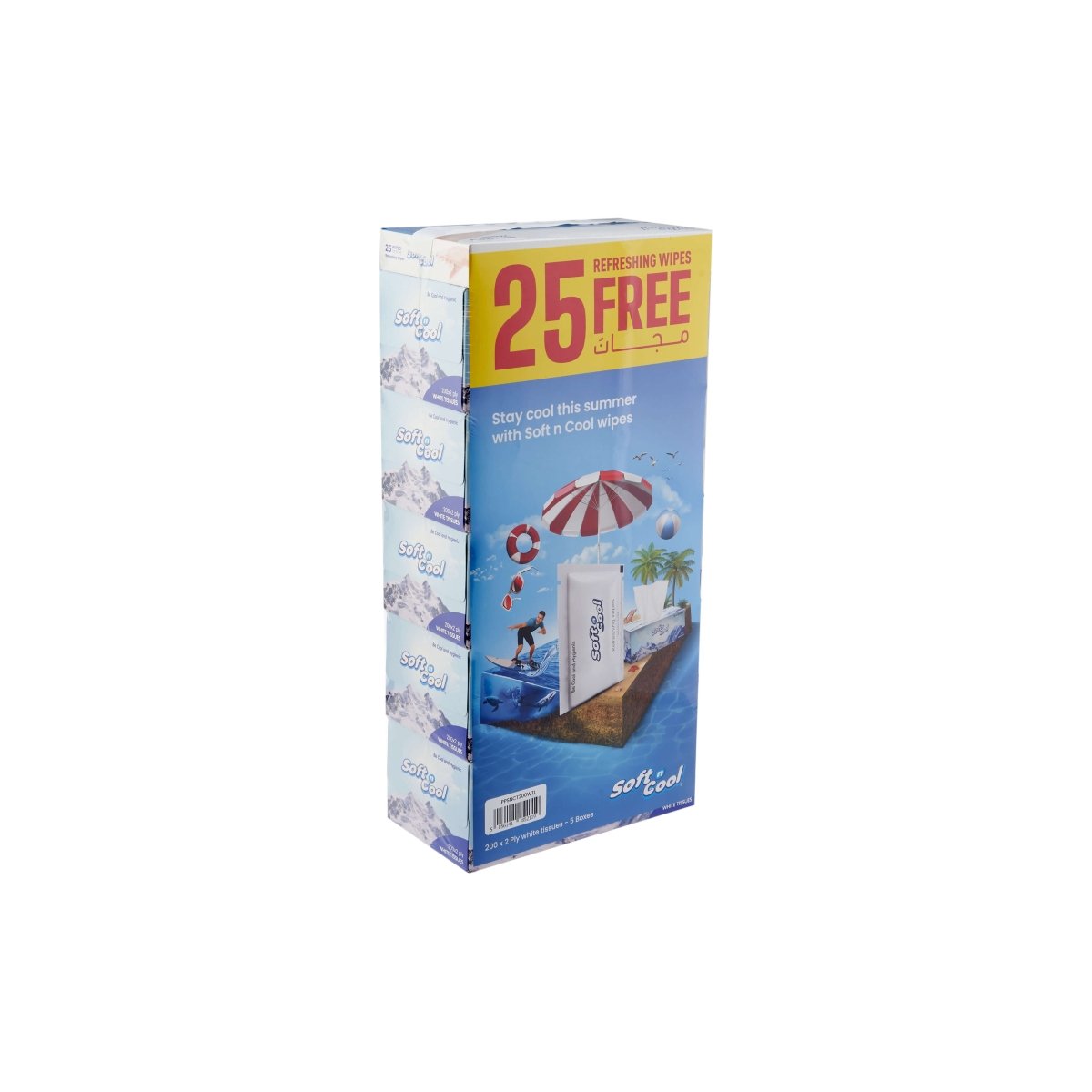 Soft n Cool Offer Pack Facial Tissues 2 Ply 200 Sheets 5 Boxes with 25 Pieces Refreshing Wet Wipes Free - hotpackwebstore.com - 