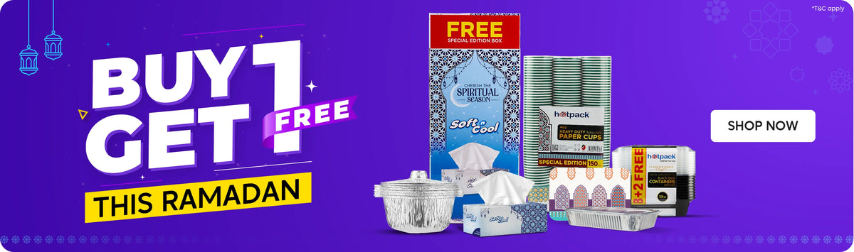 Tissues and food packaging Ramadan promotion banner featuring Soft n Cool special edition tissue box, Hotpack heavy duty paper cups, black base containers, aluminum foil trays and bowls with Buy 1 Get 1 Free offer highlighted on a purple background with Shop Now call to action. عرض رمضان على المناديل ومنتجات تغليف الطعام يشمل علبة مناديل سوفت آند كول إصدار خاص، أكواب ورقية ثقيلة من هوت باك، علب بلاستيك بقاعدة سوداء، وصواني وأواني ألمنيوم مع عرض اشترِ 1 واحصل على 1 مجانًا على خلفية بنفسجية مع زر تسوق الآن.