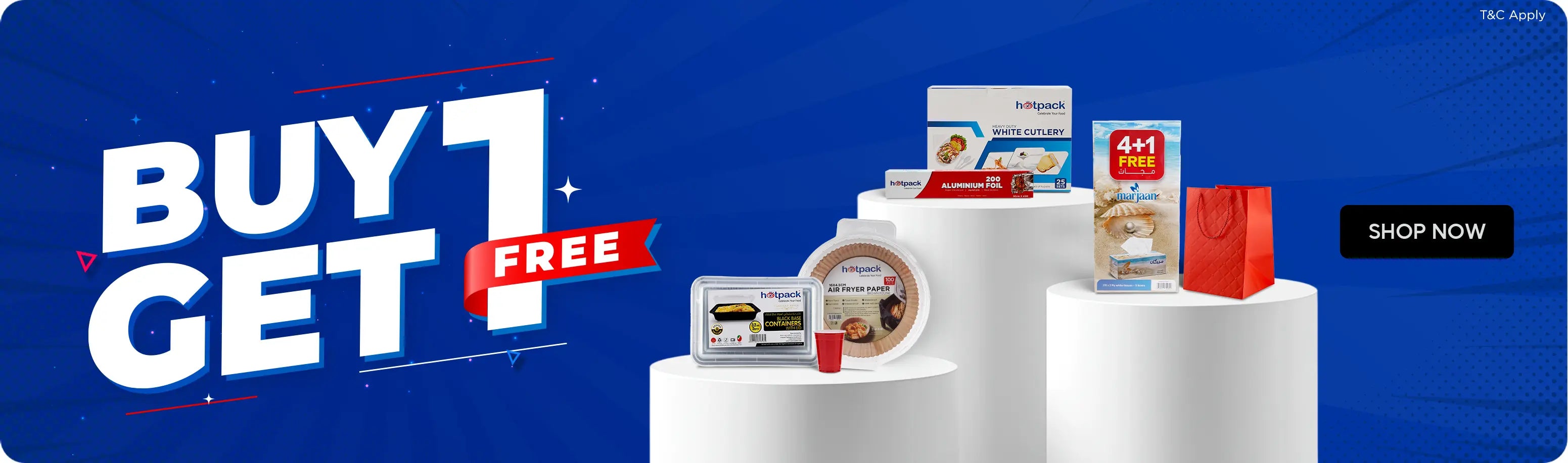 Promotional banner with 'Buy 1 Get 1 Free' offer on a blue background