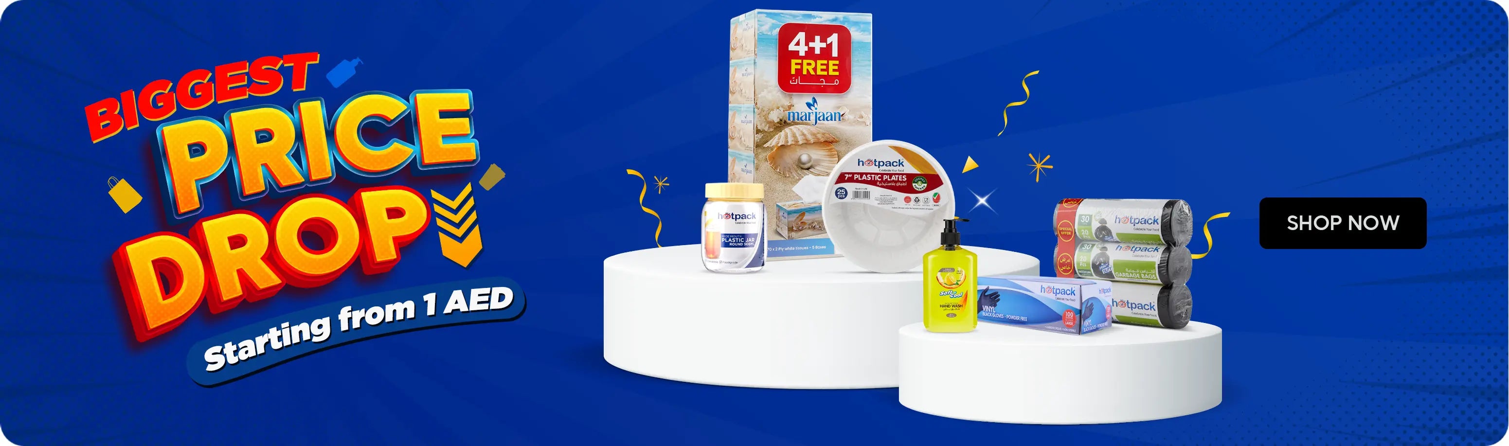 Hotpack Biggest Price Drop UAE – Blue background with Marjaan tissues, Hotpack plastic plates, hand wash, vinyl gloves, and garbage bags on display, starting from 1 AED.هوت باك أكبر تخفيضات الأسعار في الإمارات – خلفية زرقاء مع مناديل مرجان، أطباق بلاستيكية من هوت باك، غسول يدين، قفازات فينيل، وأكياس قمامة معروضة، تبدأ من 1 درهم.