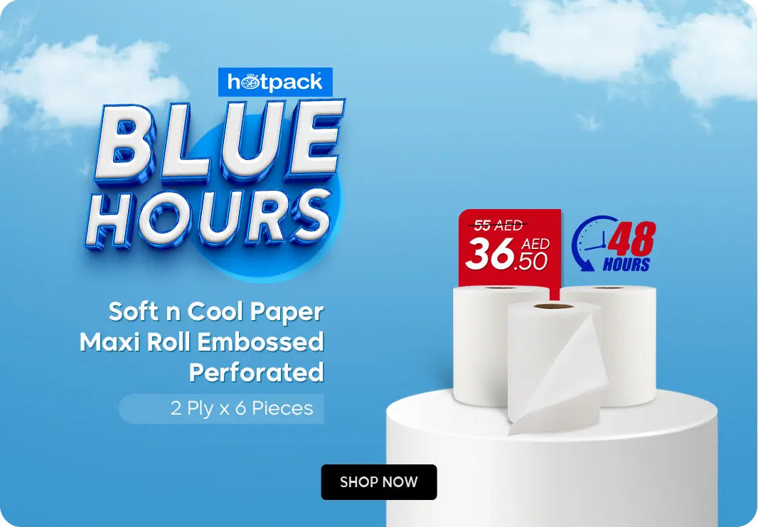 Hotpack Blue Hours 48-hour offer on Soft n Cool Paper Maxi Roll Embossed Perforated (SKU: MR2EPG) – 2 Ply x 6 Pieces, discounted from 55 AED to 36.50 AED. Product shown on a white podium against a bright blue sky background with ‘Shop Now’ button.