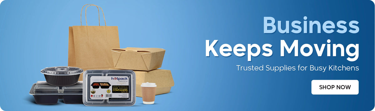 Business Keeps Moving banner featuring Hotpack premium disposable packaging supplies including kraft paper bag, kraft takeaway boxes, black round containers with lids, multi-compartment black meal prep containers, ripple kraft coffee cup, and Hotpack black base containers box displayed on a blue gradient background with Shop Now call to action. | بانر الأعمال تستمر في الحركة يعرض مستلزمات التغليف المميزة من هوت باك تشمل كيس ورق كرافت، علب كرافت للمأكولات، علب دائرية سوداء مع أغطية، علب وجبات سوداء متعددة الأقسام، كوب قهوة كرافت مموج، وعلبة علب هوت باك ذات القاعدة السوداء معروضة على خلفية زرقاء متدرجة مع زر تسوق الآن.