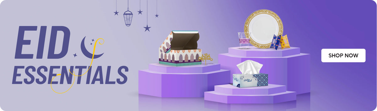 Eid Essentials banner featuring Hotpack premium disposable tableware and party supplies including decorative facial tissue boxes, foil containers, ornate serving trays, and festive packaging displayed on elegant purple geometric podiums with hanging lanterns and stars on a gradient purple background with crescent moon motif and Shop Now call to action. بانر مستلزمات العيد يعرض منتجات هوت باك المميزة من أدوات المائدة ومستلزمات الحفلات التي تستخدم لمرة واحدة بما في ذلك علب مناديل مزخرفة، علب فويل، صواني تقديم فاخرة وتغليف احتفالي معروضة على منصات هندسية بنفسجية أنيقة مع فوانيس معلقة ونجوم على خلفية بنفسجية متدرجة مع زخرفة الهلال وزر تسوق الآن.