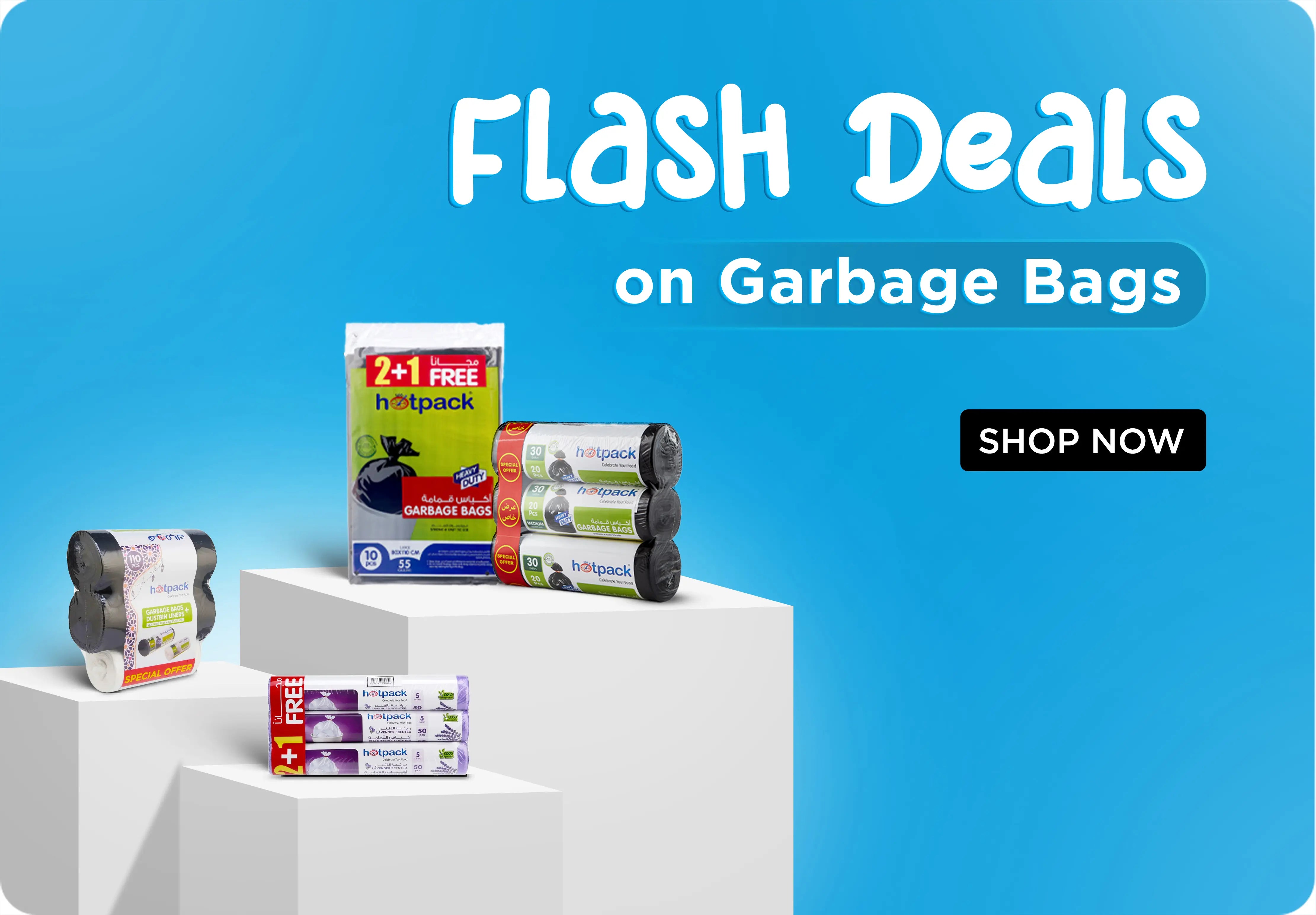 Hotpack UAE Flash Deals on garbage bags – various sizes and pack options, including 2+1 free bundles. Products displayed on white podiums with a blue background and a 'Shop Now' button.