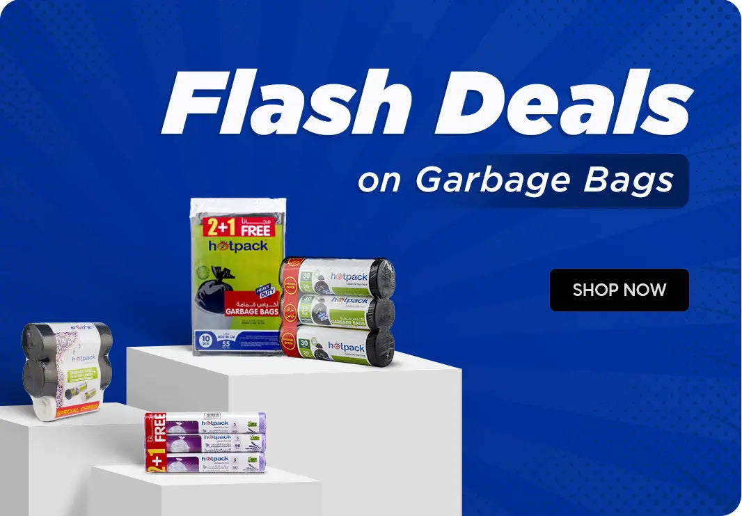 Flash Deals on Hotpack garbage bags – assorted packs and rolls displayed on white podiums with a blue background, featuring a Shop Now button.