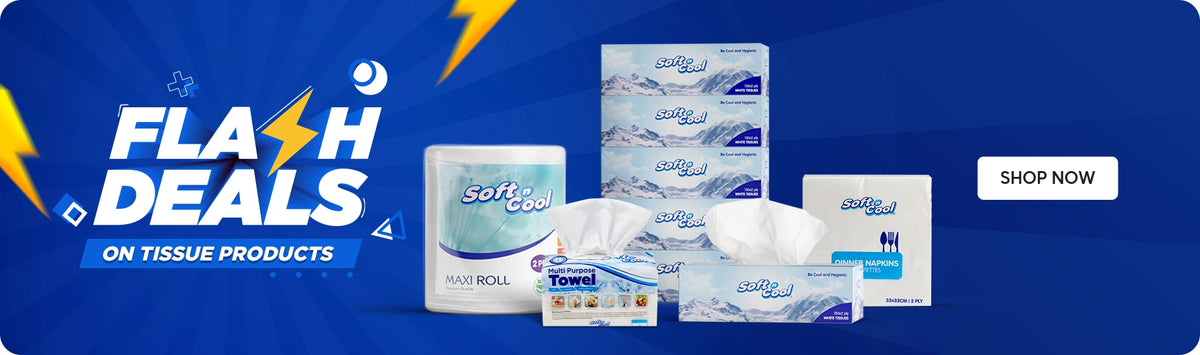 Flash Deals on Tissue Products banner featuring Soft & Cool maxi roll, multi-purpose towel, facial tissue boxes, and dinner napkins displayed on a bold blue background with lightning bolt graphics and Shop Now call to action. | بانر العروض الخاطفة على منتجات المناديل يعرض رول ماكسي سوفت آند كول، مناشف متعددة الاستخدام، علب مناديل وجه، ومناديل عشاء معروضة على خلفية زرقاء جريئة مع رسومات صاعقة البرق وزر تسوق الآن.