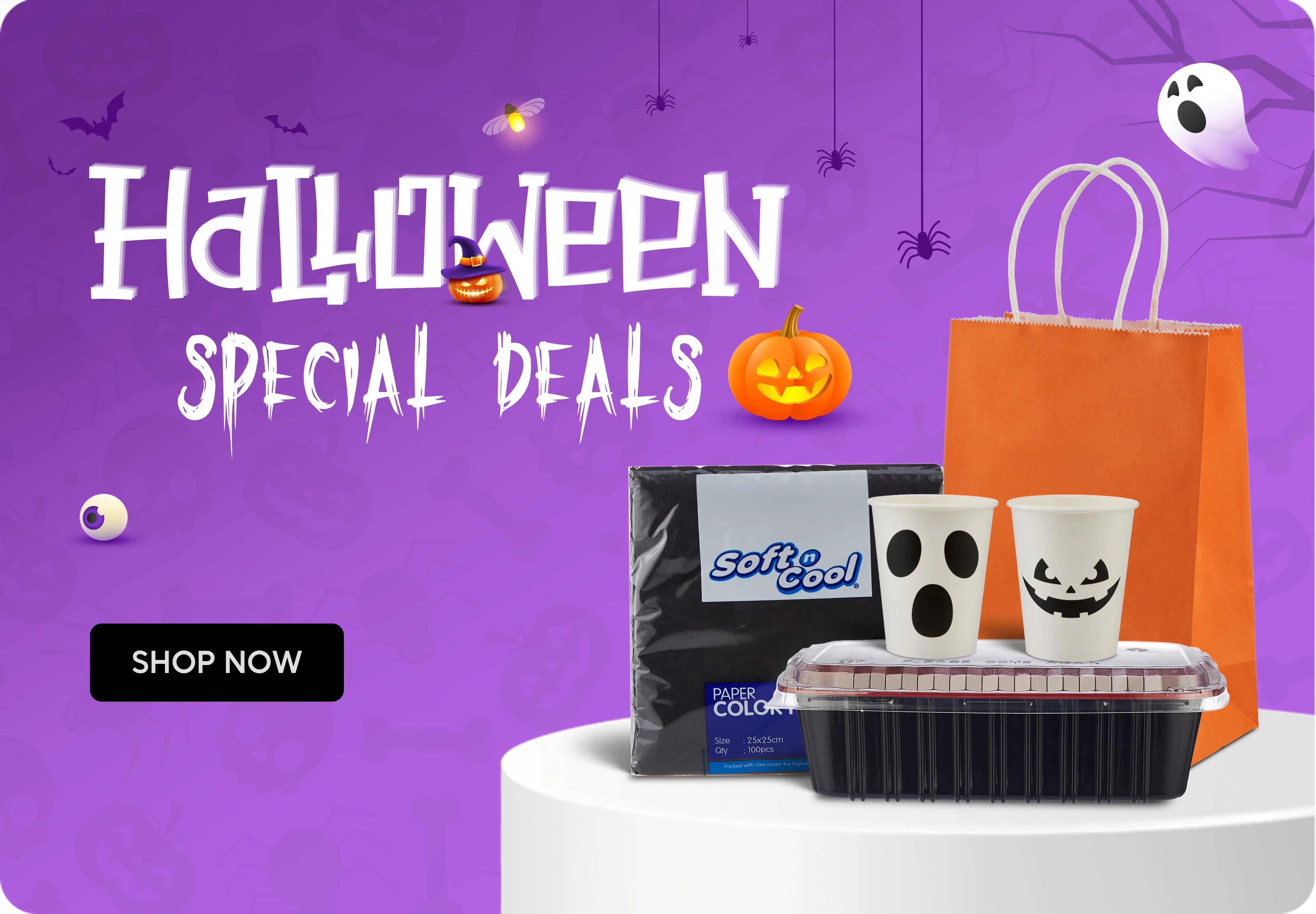 Hotpack Halloween special deals banner with cups, paper bags, and packaging supplies – تسوق عروض هالوين الخاصة من هوت باك على الأكواب والحقائب الورقية ومنتجات التغليف
