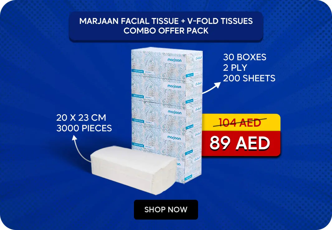 Hotpack Marjaan facial tissue and V-Fold combo pack offer with discount price and Shop Now button.