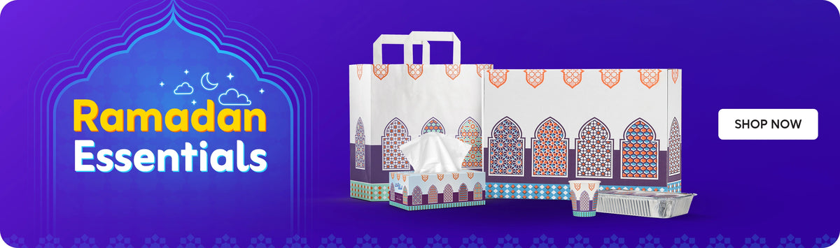 Ramadan Essentials banner showcasing Hotpack premium disposable tableware and packaging products including napkins, paper cups, food containers, and eco-friendly party supplies displayed on decorative shopping bags with traditional Islamic arch patterns and geometric designs on a purple background with crescent moon motifs and Shop Now call to action. بانر أساسيات رمضان يعرض منتجات هوت باك المميزة من أدوات المائدة والتغليف التي تستخدم لمرة واحدة بما في ذلك المناديل، أكواب ورقية، علب طعام ومستلزمات حفلات صديقة للبيئة معروضة على أكياس تسوق مزخرفة بأقواس إسلامية تقليدية وتصاميم هندسية على خلفية بنفسجية مع زخارف الهلال وزر تسوق الآن.