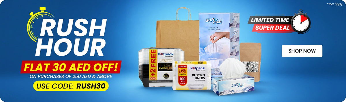 Rush Hour Limited Time Super Deal banner featuring Hotpack Classique black base containers 8+2 free pack, Hotpack dustbin liners economy twin pack 100 pieces, Soft & Cool facial tissue box, kraft paper bag, and Soft & Cool maxi roll with Flat 30 AED Off on purchases of AED 250 and above using code RUSH30 displayed on a bold blue background with Shop Now call to action. T&C apply. | بانر ساعة الذروة عرض مميز لفترة محدودة يعرض علب هوت باك كلاسيك ذات القاعدة السوداء 8+2 مجاناً، أكياس سلة مهملات هوت باك إيكونومي توين باك 100 قطعة، علبة مناديل وجه سوفت آند كول، كيس ورق كرافت، ورول ماكسي سوفت آند كول مع خصم فوري 30 درهم على المشتريات بقيمة 250 درهم فأكثر باستخدام الكود RUSH30 معروضة على خلفية زرقاء جريئة مع زر تسوق الآن. تطبق الشروط والأحكام.