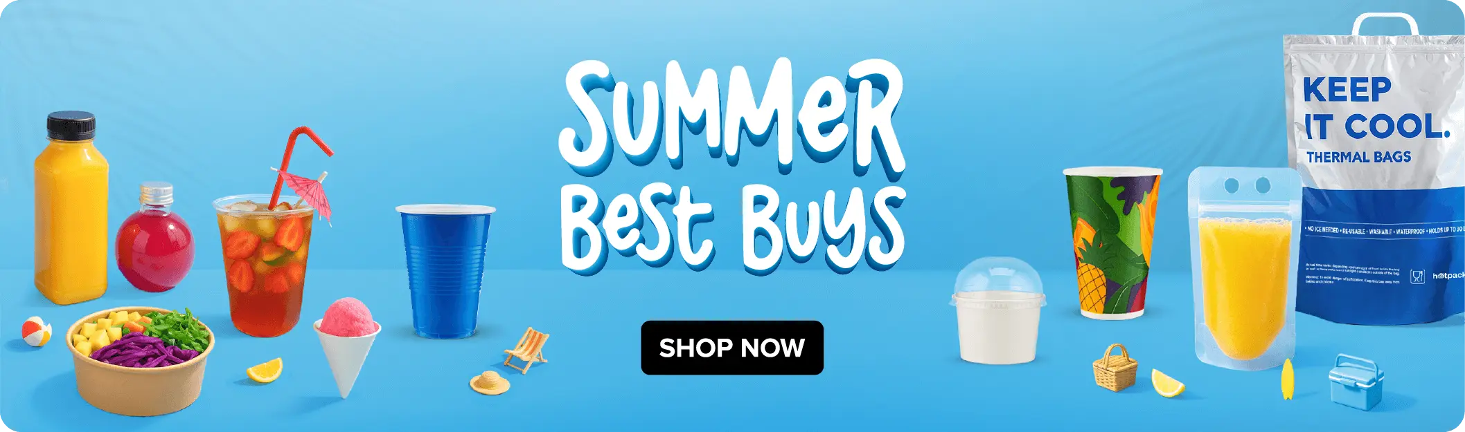 Summer Best Buys banner showcasing refreshing drinks, ice cream, food packaging, disposable cups, and thermal bags for keeping items cool.