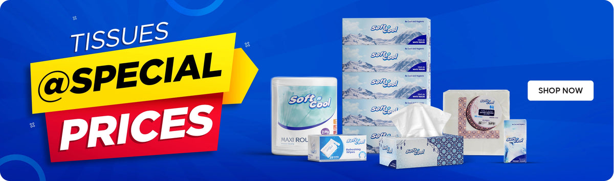 Tissues @ Special Prices banner featuring Soft n Cool tissue products including maxi rolls, facial tissue boxes, pocket tissues, wet wipes, and dinner napkins on a blue background with a Shop Now call-to-action. بانر مناديل بأسعار خاصة يعرض منتجات سوفت آند كول بما في ذلك مناديل رول كبيرة، علب مناديل للوجه، مناديل الجيب، مناديل مبللة، ومناديل السفرة على خلفية زرقاء مع زر تسوق الآن.