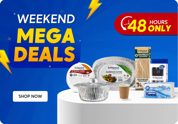 Weekend Mega Deals 48 hours only promotion banner featuring Hotpack plastic plates, aluminium platters, foil containers with lids, bamboo skewers, plastic cutlery set, paper cup and Soft n Cool multi purpose towel on a blue background with Shop Now call to action. عرض العروض الكبرى لنهاية الأسبوع لمدة 48 ساعة فقط يضم أطباق بلاستيكية من هوت باك، صواني ألمنيوم، علب فويل بغطاء، أسياخ بامبو، طقم ملاعق بلاستيك، كوب ورقي ومناديل سوفت آند كول متعددة الاستخدامات على خلفية زرقاء مع زر تسوق الآن.