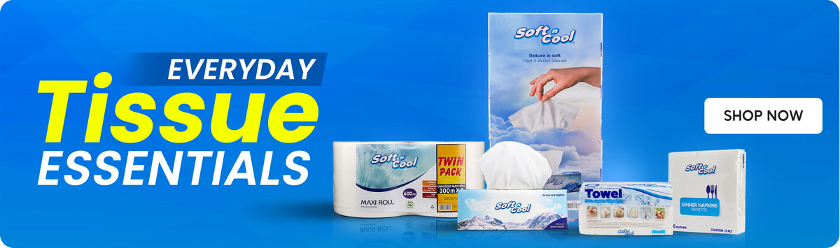 Everyday Tissue Essentials banner featuring Soft & Cool tissue products including facial tissue box, maxi roll, twin pack embossed nail roll, flat tissue box, kitchen towel, and dinner napkins displayed on a bright blue background with Shop Now call to action. | بانر مستلزمات المناديل اليومية يعرض منتجات سوفت آند كول للمناديل تشمل علبة مناديل وجه، رول ماكسي، رول مجعد توين باك، علبة مناديل مسطحة، مناشف مطبخ، ومناديل عشاء معروضة على خلفية زرقاء زاهية مع زر تسوق الآن.