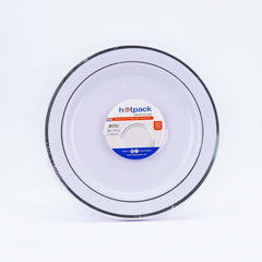 White Round Plate With Silver Rim Design 10 Pieces - hotpackwebstore.com - Plastic Products