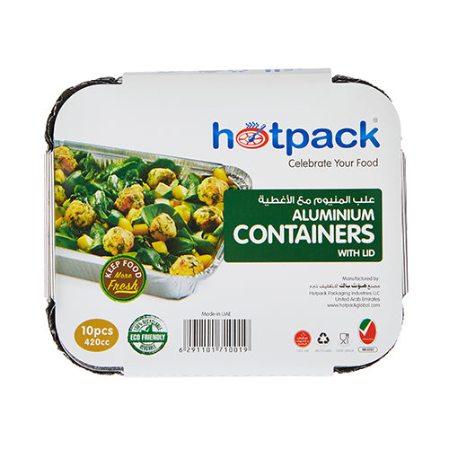 Hotpack | Aluminum Containers with Lid 8342 ( 420 CC ) 147 Mm Length x 122 Mm Width x 40 Mm Height | 10 Pieces - Hotpack Global