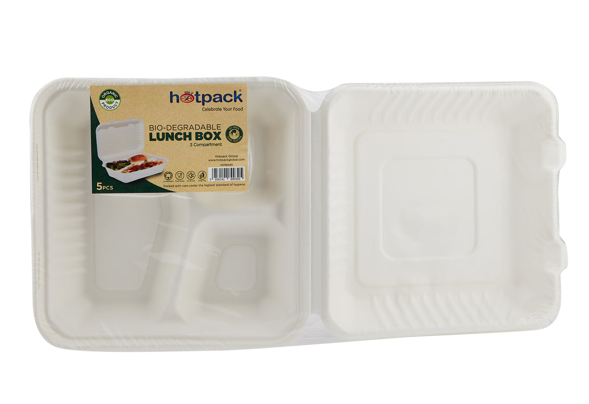 Bio degradable Lunch box in 3 compartment 5 Pieces - hotpackwebstore.com