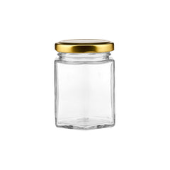 Hexagonal Glass Jar with gold lid - hotpackwebstore.com