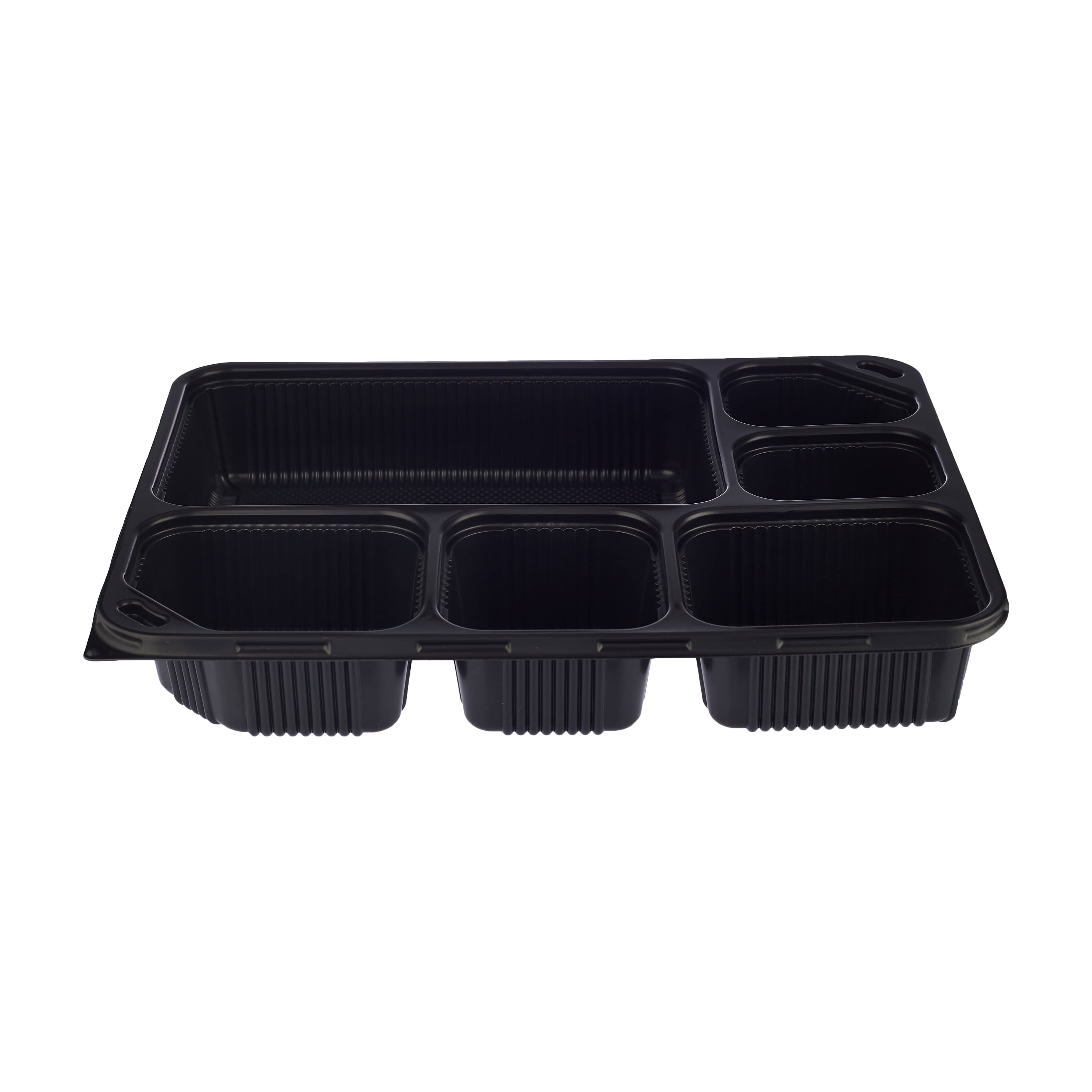 Black Base Rectangular 6-Compartment Container + Lids 150 Pieces - Hotpack Global