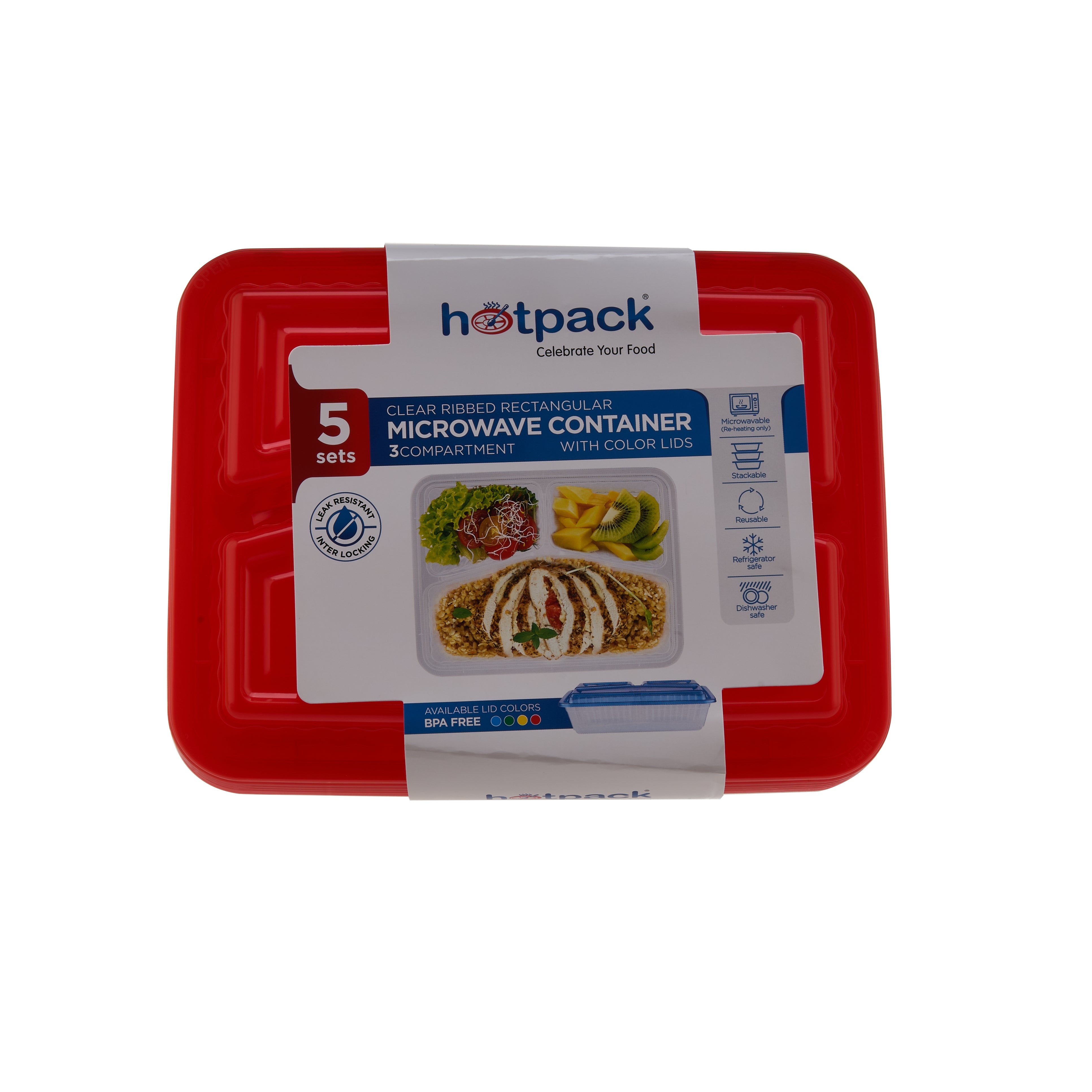 Clear Ribbed Rectangular Microwavable Compartment Container with Color Lids 5  Pieces - hotpackwebstore.com