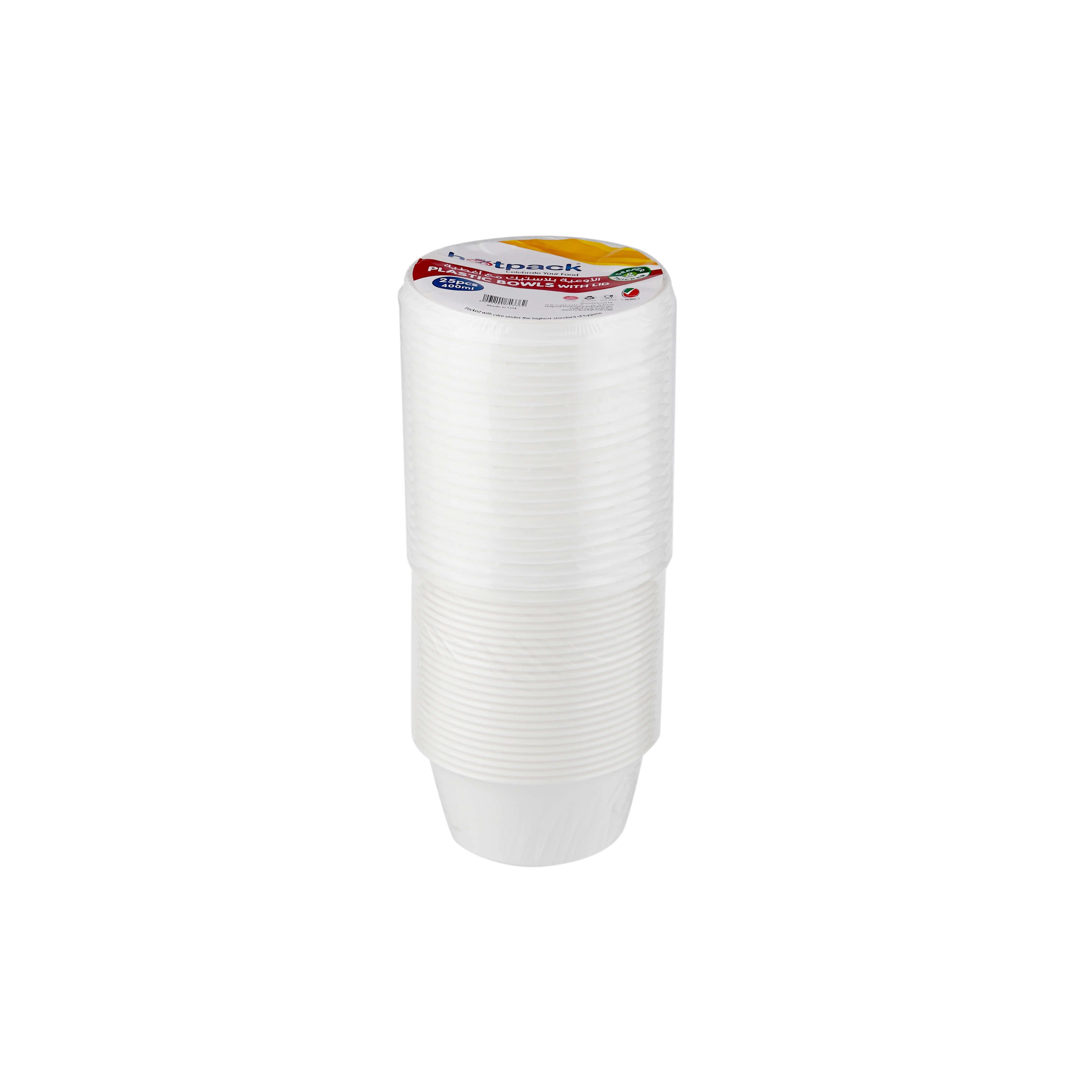 Plastic White Bowl 400ml With Lid 25 Pieces - hotpackwebstore.com