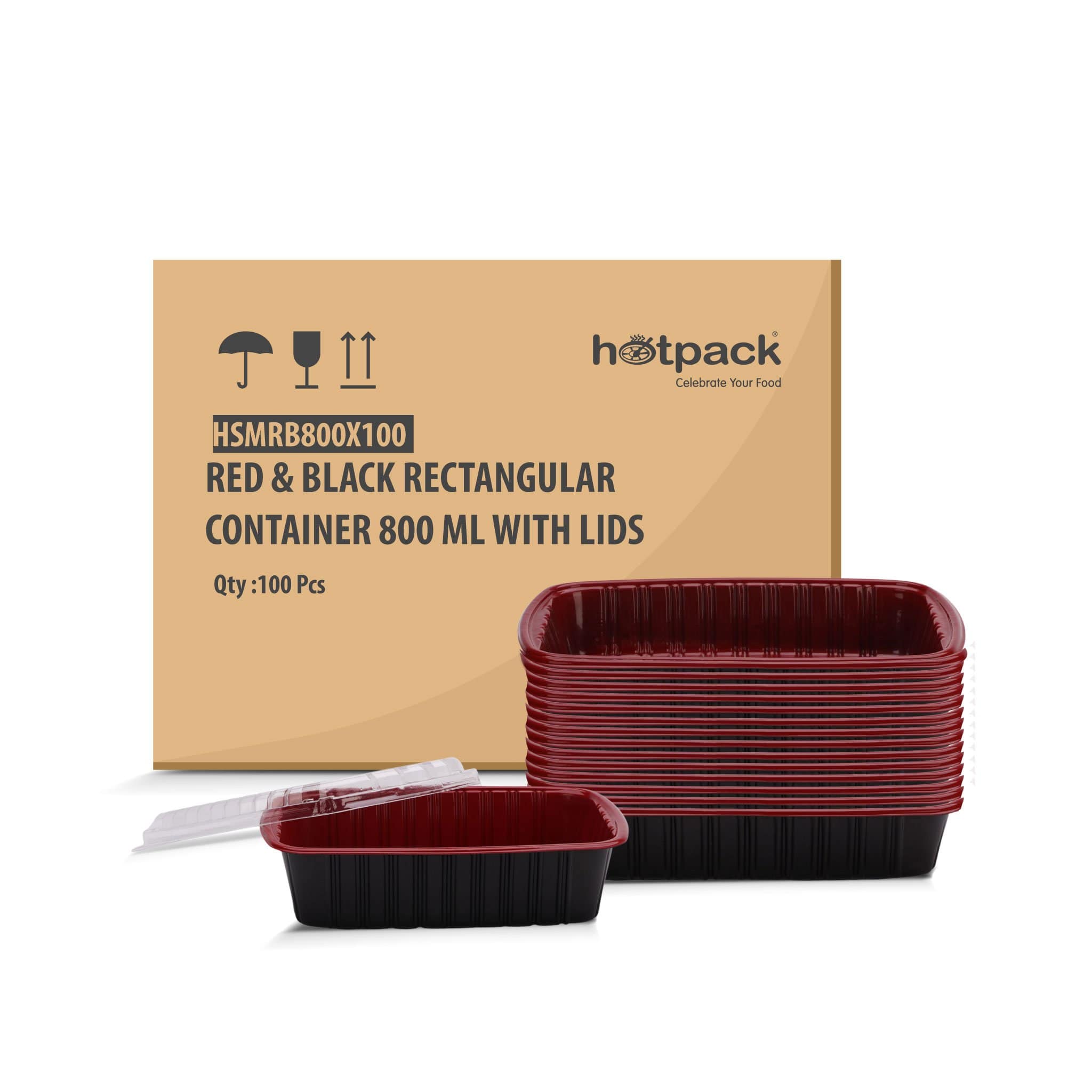 Red & Black Rectangular Container 800ml With Lid  100 pieces - Hotpack Global