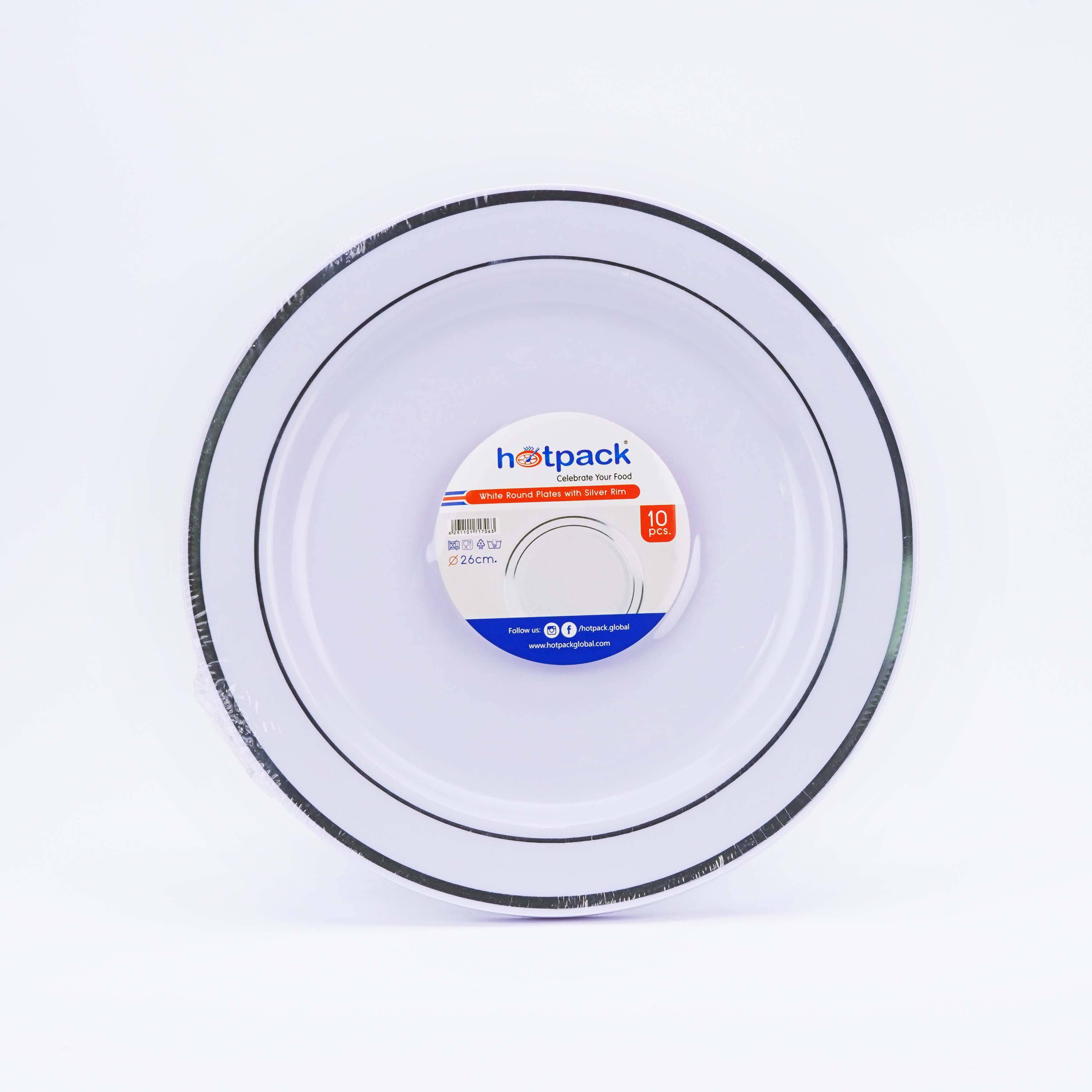 White Round Plate With Silver Rim Design 10 Pieces - Hotpack Global
